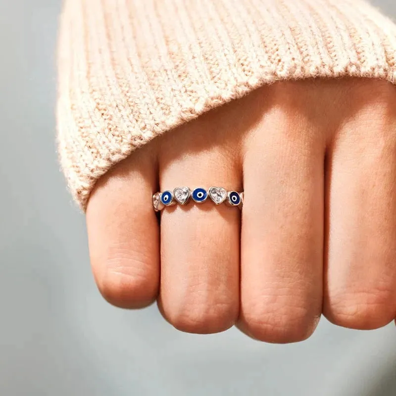 Lucky Turkish Blue Evil Eye Zircon Open Rings Enamel Love Heart Demon Eyes Finger Rings Party Jewelry