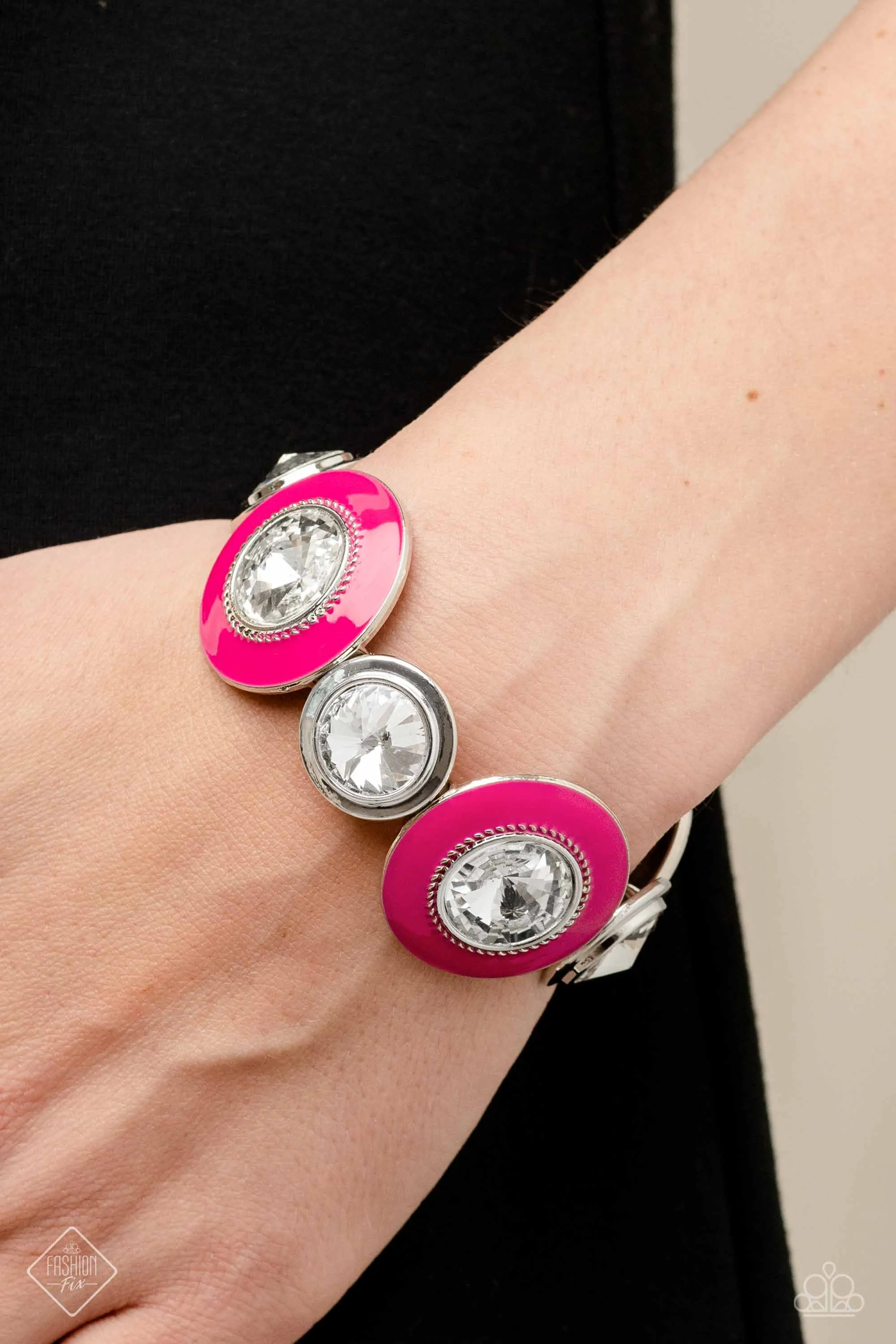 Lustrous Lass - Pink - Painted Disc White Rhinestone Paparazzi Stretchy Bracelet - January 2023 Glimpses of Malibu