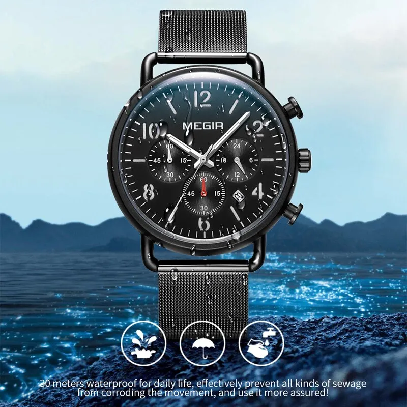 MEGIR Fashion Casual Watch Men Top Brand Luxury Steel Mesh Waterproof Quartz Wrist Watch Men&#39;s Sport Chronograph Watches