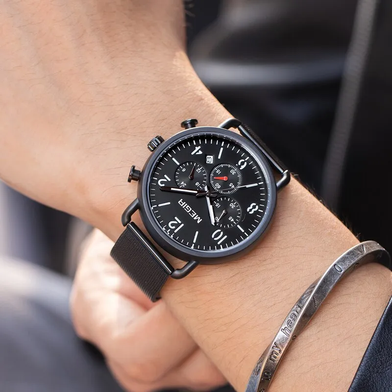 MEGIR Fashion Casual Watch Men Top Brand Luxury Steel Mesh Waterproof Quartz Wrist Watch Men&#39;s Sport Chronograph Watches