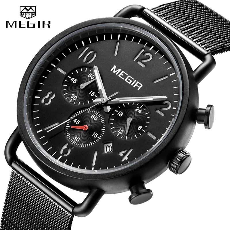MEGIR Fashion Casual Watch Men Top Brand Luxury Steel Mesh Waterproof Quartz Wrist Watch Men&#39;s Sport Chronograph Watches