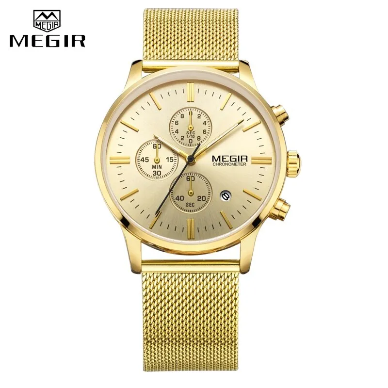 MEGIR Mens Watches Stopwatch Date Slim Quartz Watch Men Stainless Steel Mesh Band Chronograph Waterproof Wrist Watch Male Clock