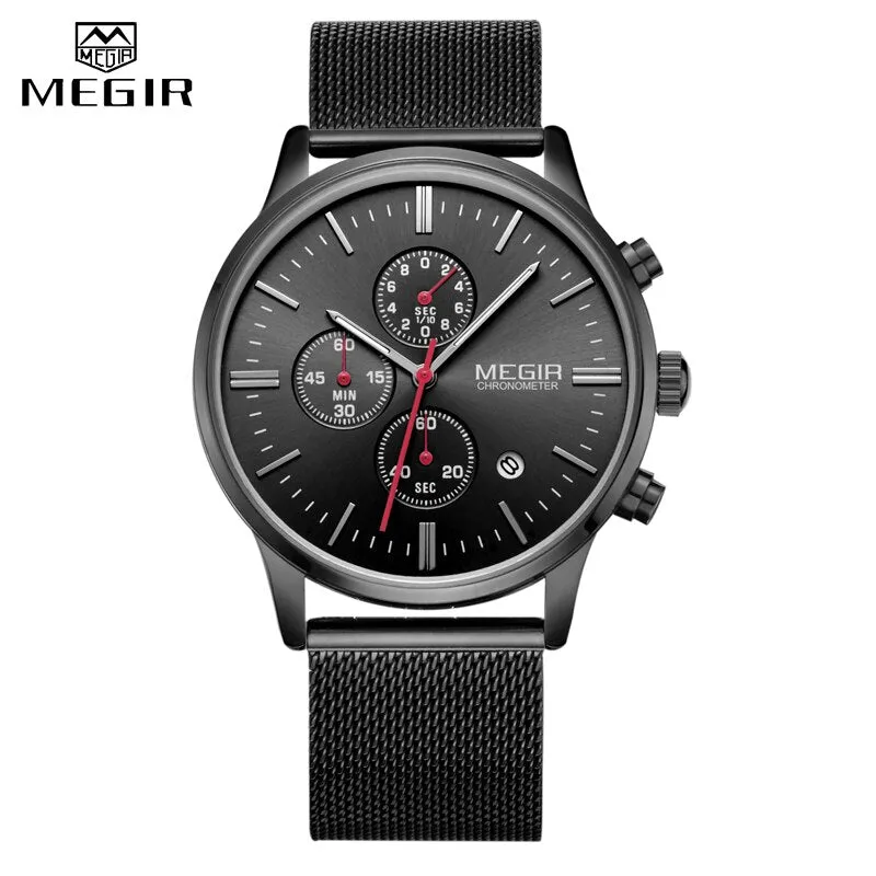 MEGIR Mens Watches Stopwatch Date Slim Quartz Watch Men Stainless Steel Mesh Band Chronograph Waterproof Wrist Watch Male Clock