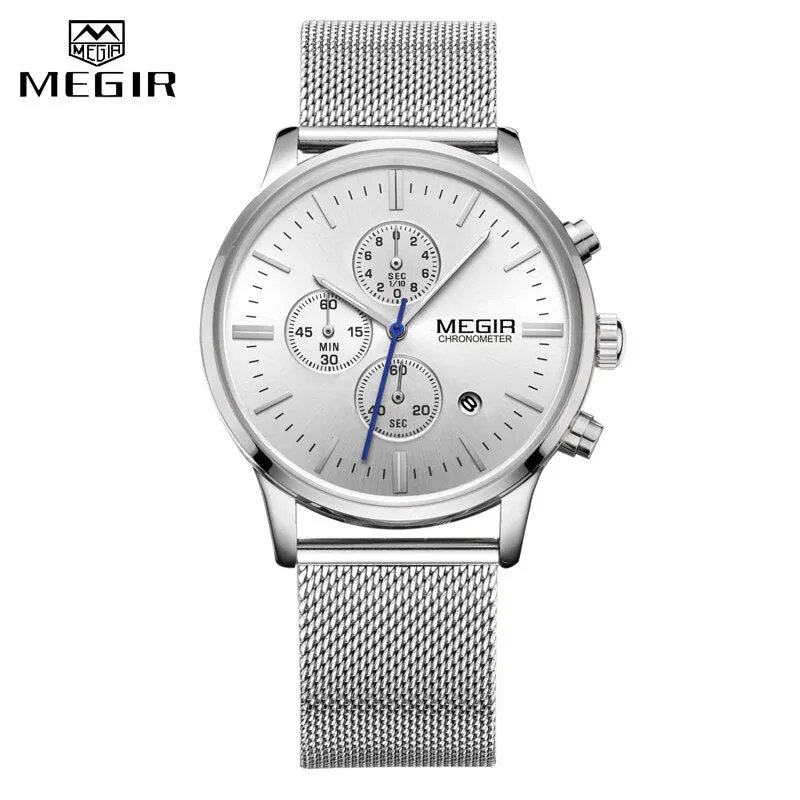 MEGIR Mens Watches Stopwatch Date Slim Quartz Watch Men Stainless Steel Mesh Band Chronograph Waterproof Wrist Watch Male Clock