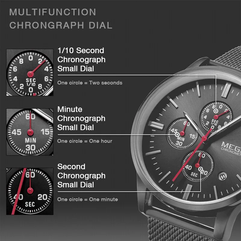 MEGIR Mens Watches Stopwatch Date Slim Quartz Watch Men Stainless Steel Mesh Band Chronograph Waterproof Wrist Watch Male Clock