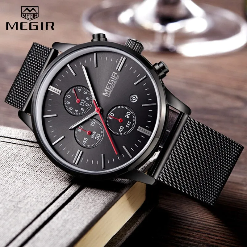 MEGIR Mens Watches Stopwatch Date Slim Quartz Watch Men Stainless Steel Mesh Band Chronograph Waterproof Wrist Watch Male Clock