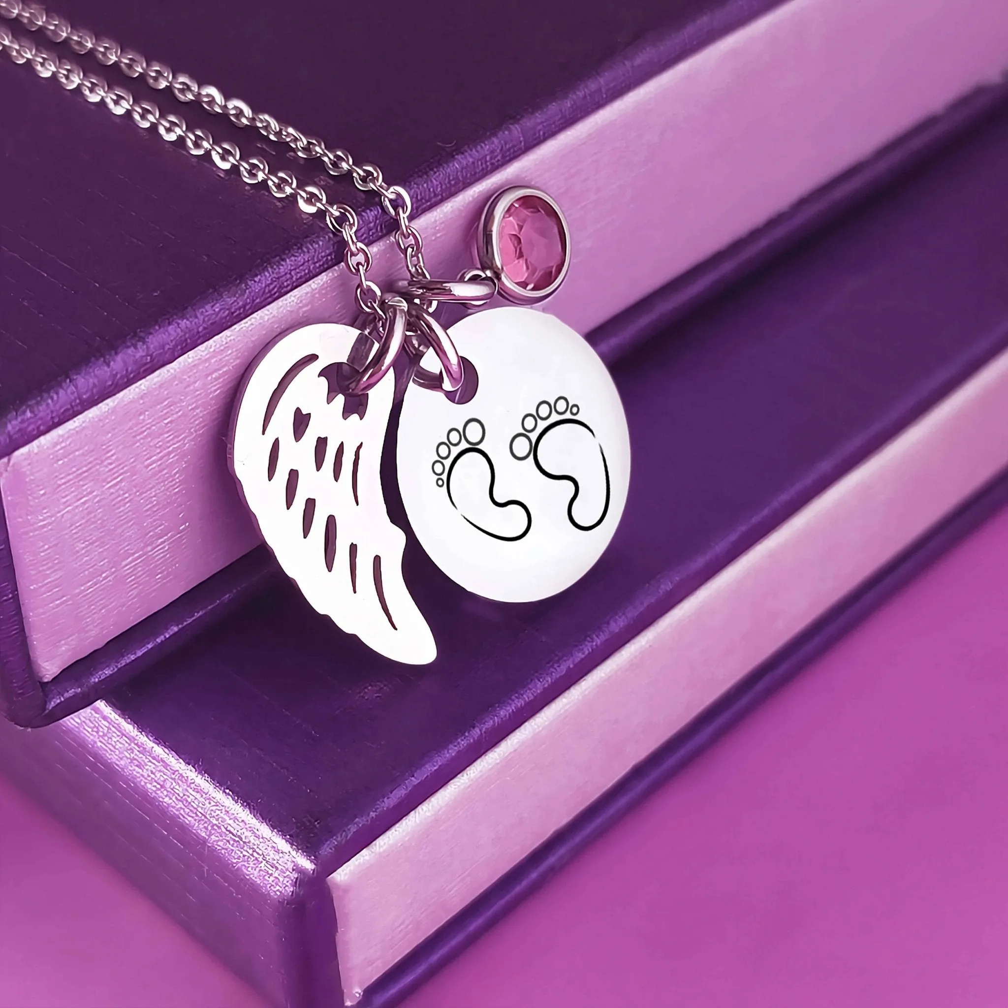 Memorial Angel Footprint Necklace with Birthstone Charm