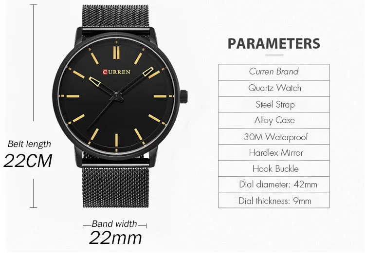 Mens Top Brand Watches CURREN Luxury Quartz Watch Men Waterproof Sport Wrist Watch For Men Slim Mesh Clock Relogio Masculino