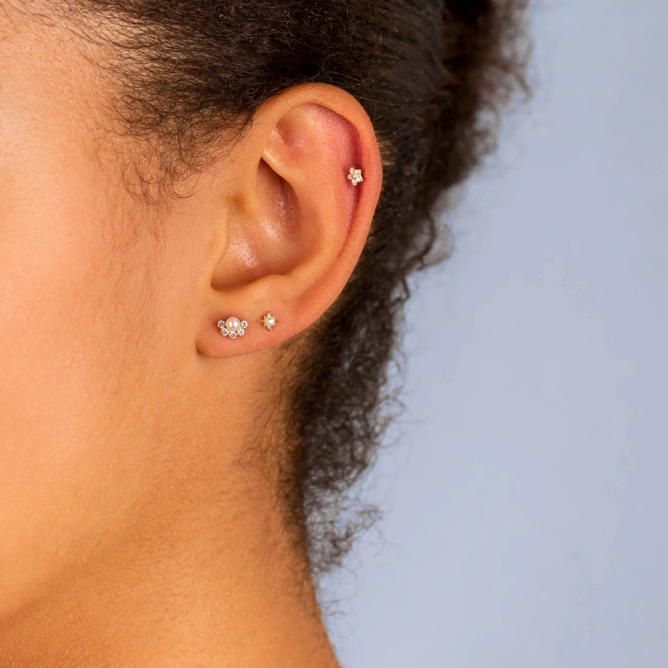 Mini CZ Flower Threaded Stud Earring 14K