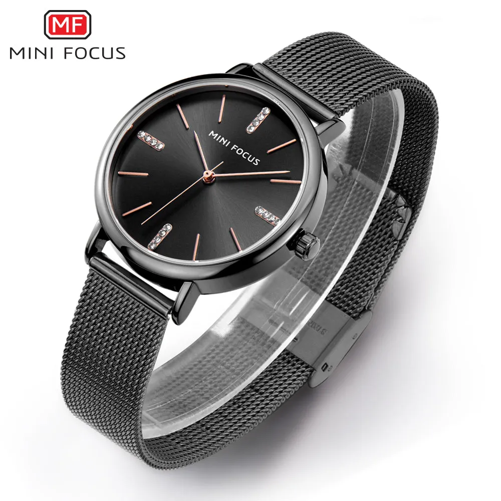 Mini Focus Black Mesh Bracelet Black Dial Quartz Watch for Ladies - MF0036L-03