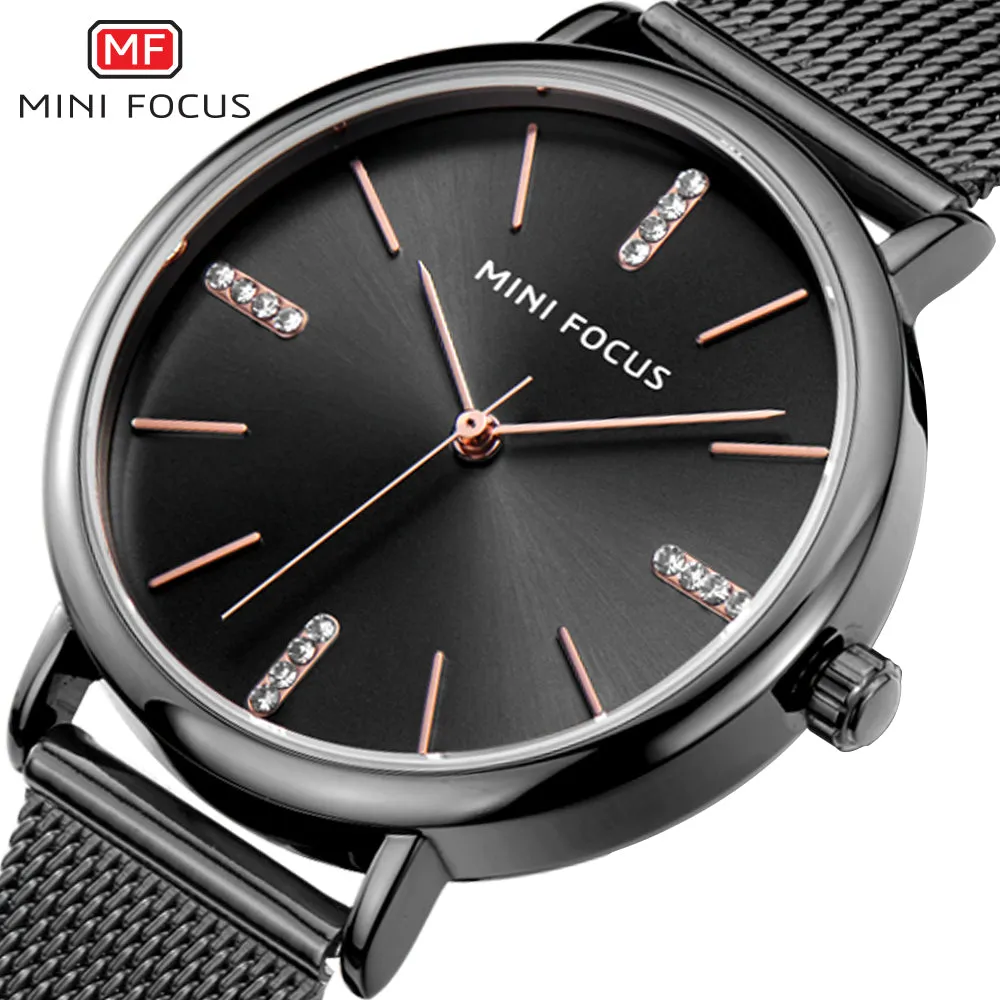 Mini Focus Black Mesh Bracelet Black Dial Quartz Watch for Ladies - MF0036L-03
