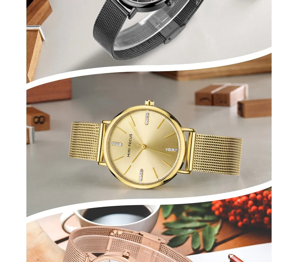 MINI FOCUS Fashion Simple Women Watches Girl Wristwatch Ultra Thin Quartz Watch Woman Stainless Steel Mesh Belt Ladies Clock