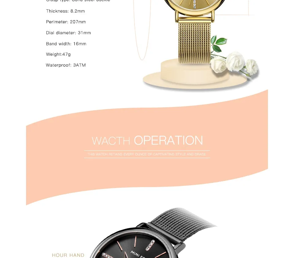 MINI FOCUS Fashion Simple Women Watches Girl Wristwatch Ultra Thin Quartz Watch Woman Stainless Steel Mesh Belt Ladies Clock