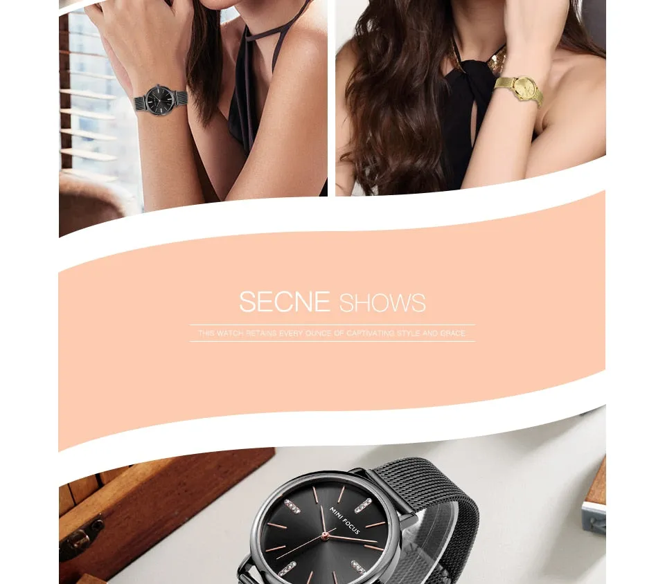 MINI FOCUS Fashion Simple Women Watches Girl Wristwatch Ultra Thin Quartz Watch Woman Stainless Steel Mesh Belt Ladies Clock