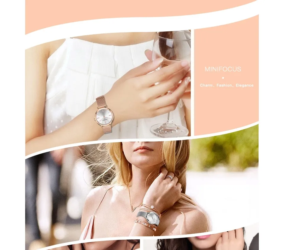 MINI FOCUS Fashion Simple Women Watches Girl Wristwatch Ultra Thin Quartz Watch Woman Stainless Steel Mesh Belt Ladies Clock
