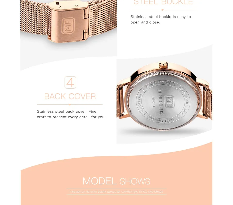 MINI FOCUS Fashion Simple Women Watches Girl Wristwatch Ultra Thin Quartz Watch Woman Stainless Steel Mesh Belt Ladies Clock