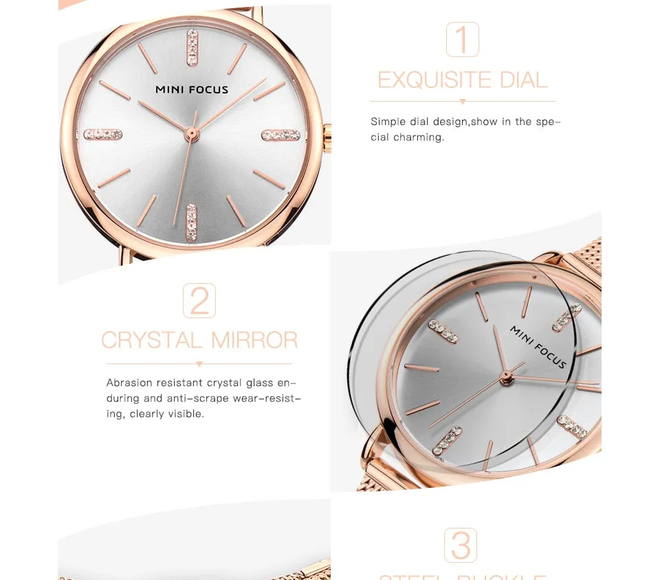 MINI FOCUS Fashion Simple Women Watches Girl Wristwatch Ultra Thin Quartz Watch Woman Stainless Steel Mesh Belt Ladies Clock
