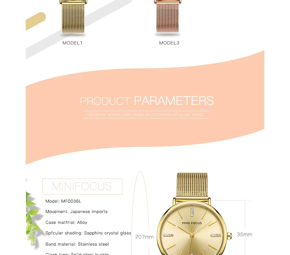 MINI FOCUS Fashion Simple Women Watches Girl Wristwatch Ultra Thin Quartz Watch Woman Stainless Steel Mesh Belt Ladies Clock