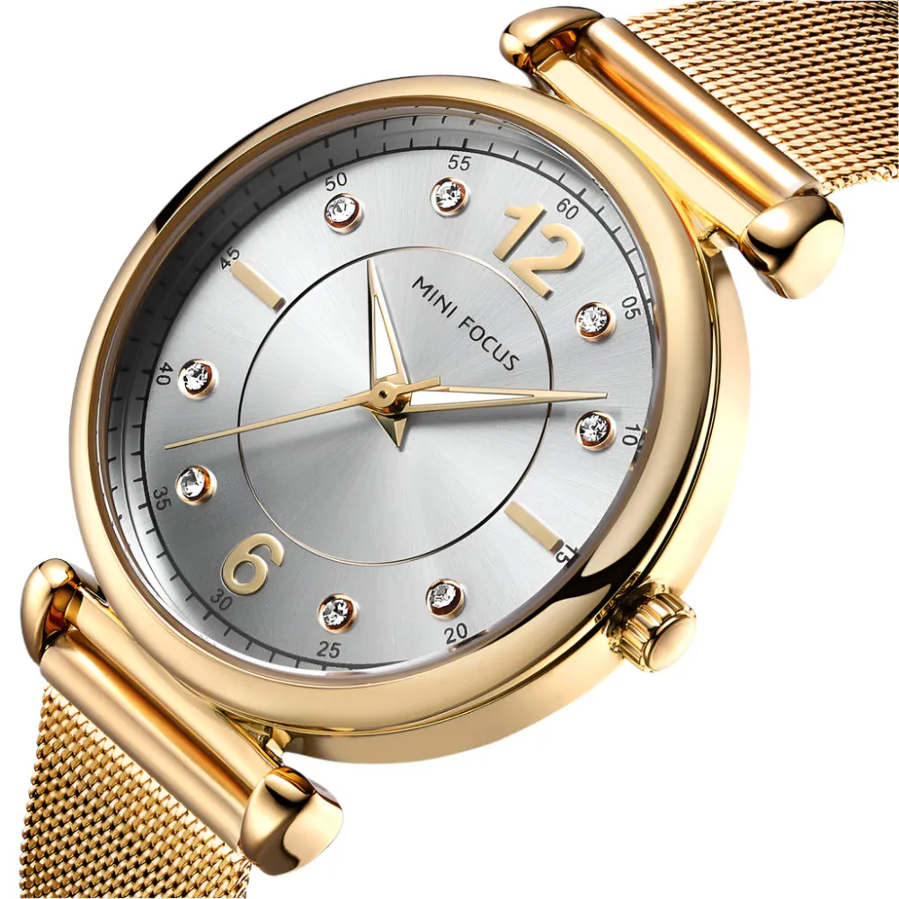 Mini Focus Gold Mesh Bracelet Silver Dial Quartz Watch for Ladies - MF0177L-01
