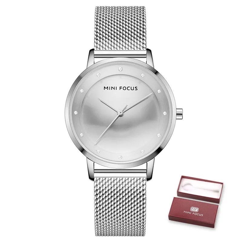 MINI FOCUS Luxury Fashion Women Creative Watch Rhinestones Lady Quartz Watches Waterproof Steel Mesh Band  Wristwatch Girl Reloj