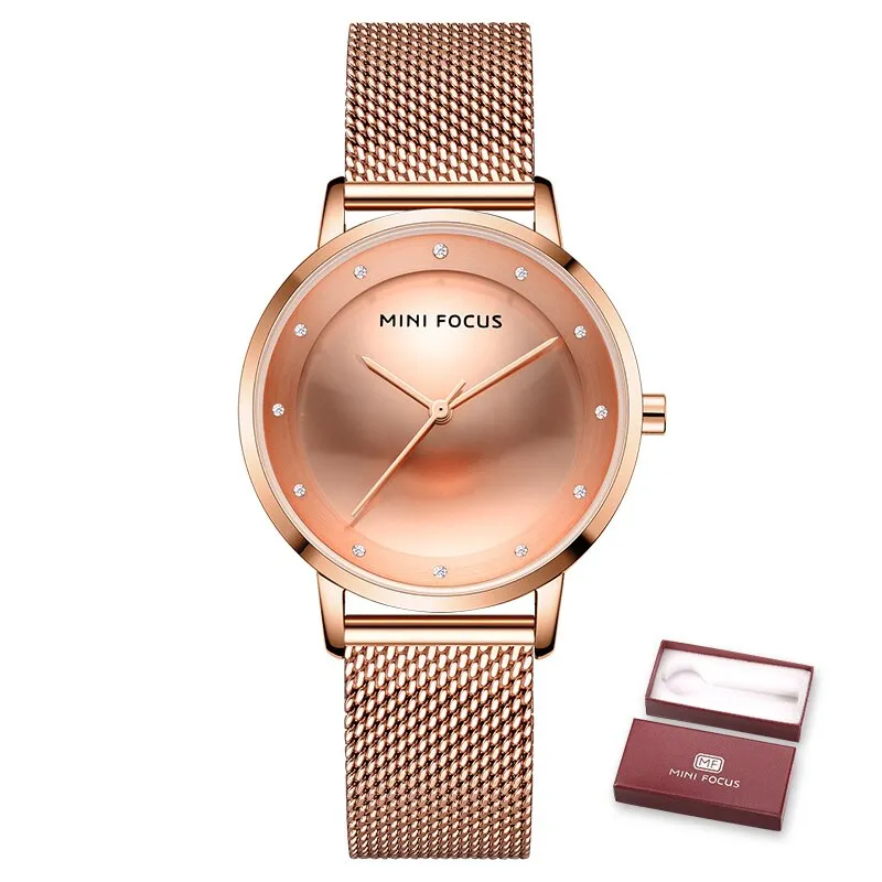 MINI FOCUS Luxury Fashion Women Creative Watch Rhinestones Lady Quartz Watches Waterproof Steel Mesh Band  Wristwatch Girl Reloj