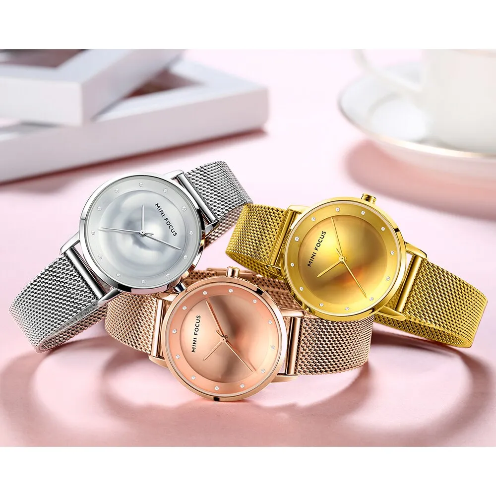 MINI FOCUS Luxury Fashion Women Creative Watch Rhinestones Lady Quartz Watches Waterproof Steel Mesh Band  Wristwatch Girl Reloj