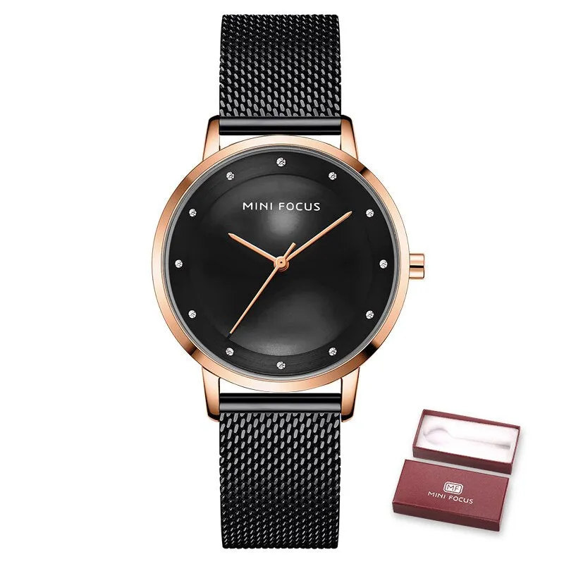 MINI FOCUS Luxury Fashion Women Creative Watch Rhinestones Lady Quartz Watches Waterproof Steel Mesh Band  Wristwatch Girl Reloj