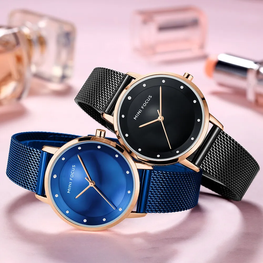 MINI FOCUS Luxury Fashion Women Creative Watch Rhinestones Lady Quartz Watches Waterproof Steel Mesh Band  Wristwatch Girl Reloj
