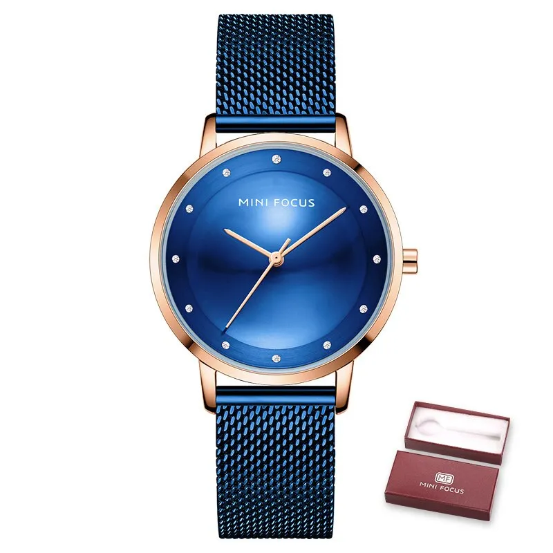 MINI FOCUS Luxury Fashion Women Creative Watch Rhinestones Lady Quartz Watches Waterproof Steel Mesh Band  Wristwatch Girl Reloj