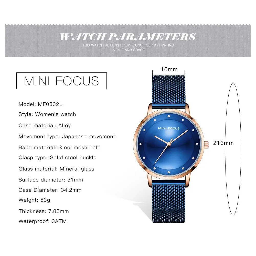 MINI FOCUS Luxury Fashion Women Creative Watch Rhinestones Lady Quartz Watches Waterproof Steel Mesh Band  Wristwatch Girl Reloj