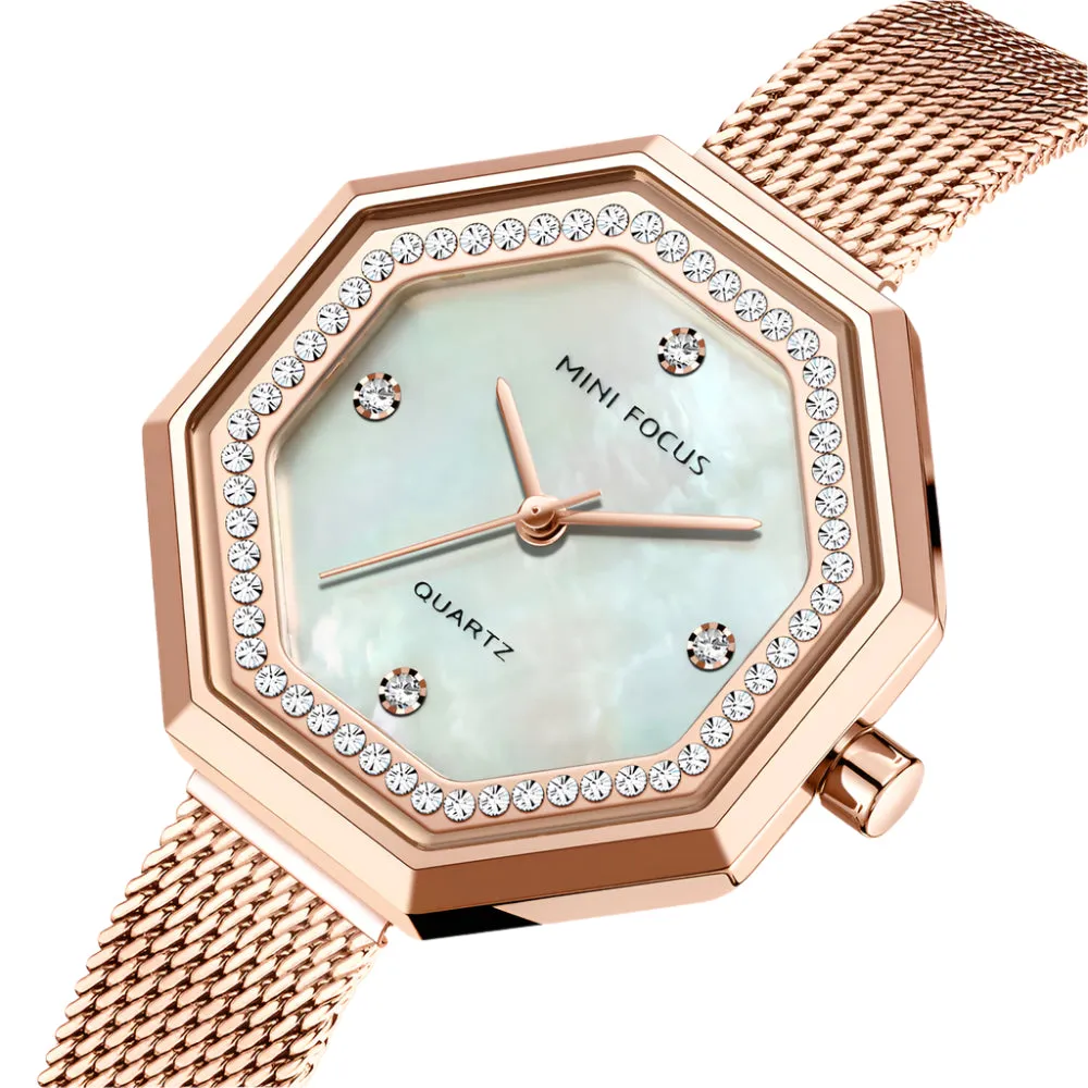 Mini Focus Rose Gold Mesh Bracelet Silver Dial Quartz Watch for Ladies - MF0304L-03