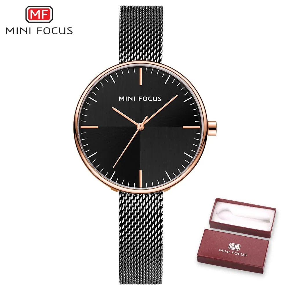 MINI FOCUS Watches Women Top Brand Luxury Black Steel Mesh Quartz Simple Fashion Business Watch For Women Clock Relogio Feminino