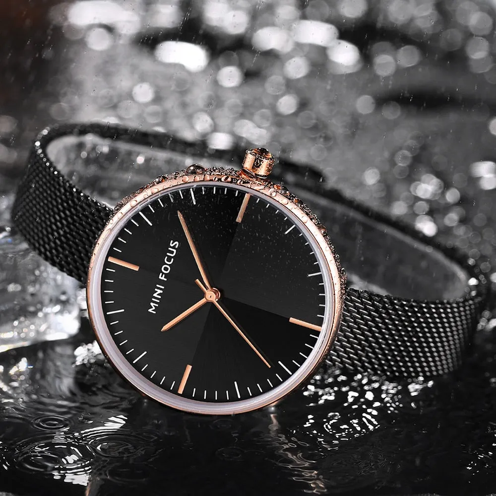MINI FOCUS Watches Women Top Brand Luxury Black Steel Mesh Quartz Simple Fashion Business Watch For Women Clock Relogio Feminino