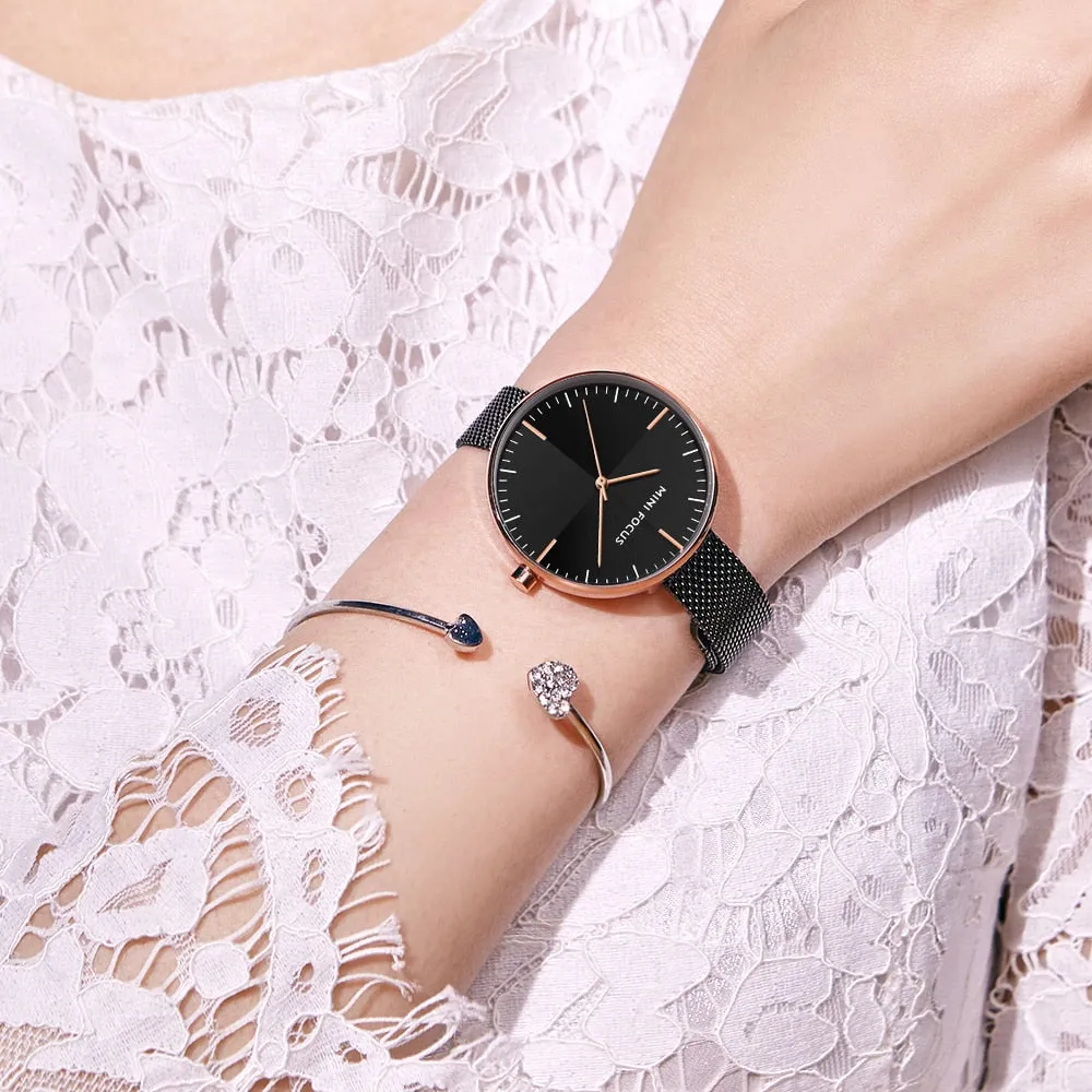 MINI FOCUS Watches Women Top Brand Luxury Black Steel Mesh Quartz Simple Fashion Business Watch For Women Clock Relogio Feminino
