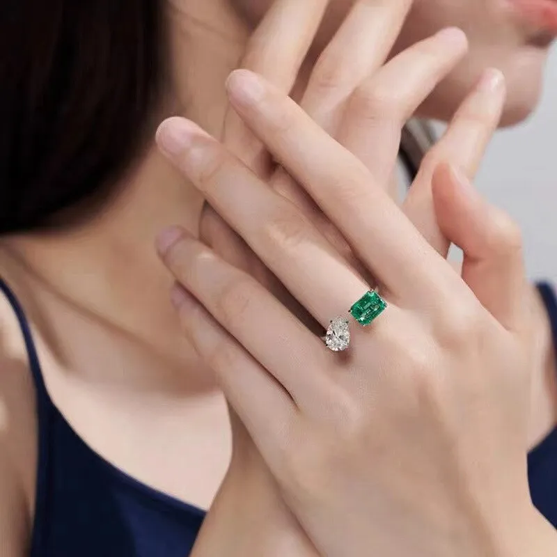 Modern Fashion Style Clear Pear and Blue Rectangle Stones Open Rings Two-tone Jewelry