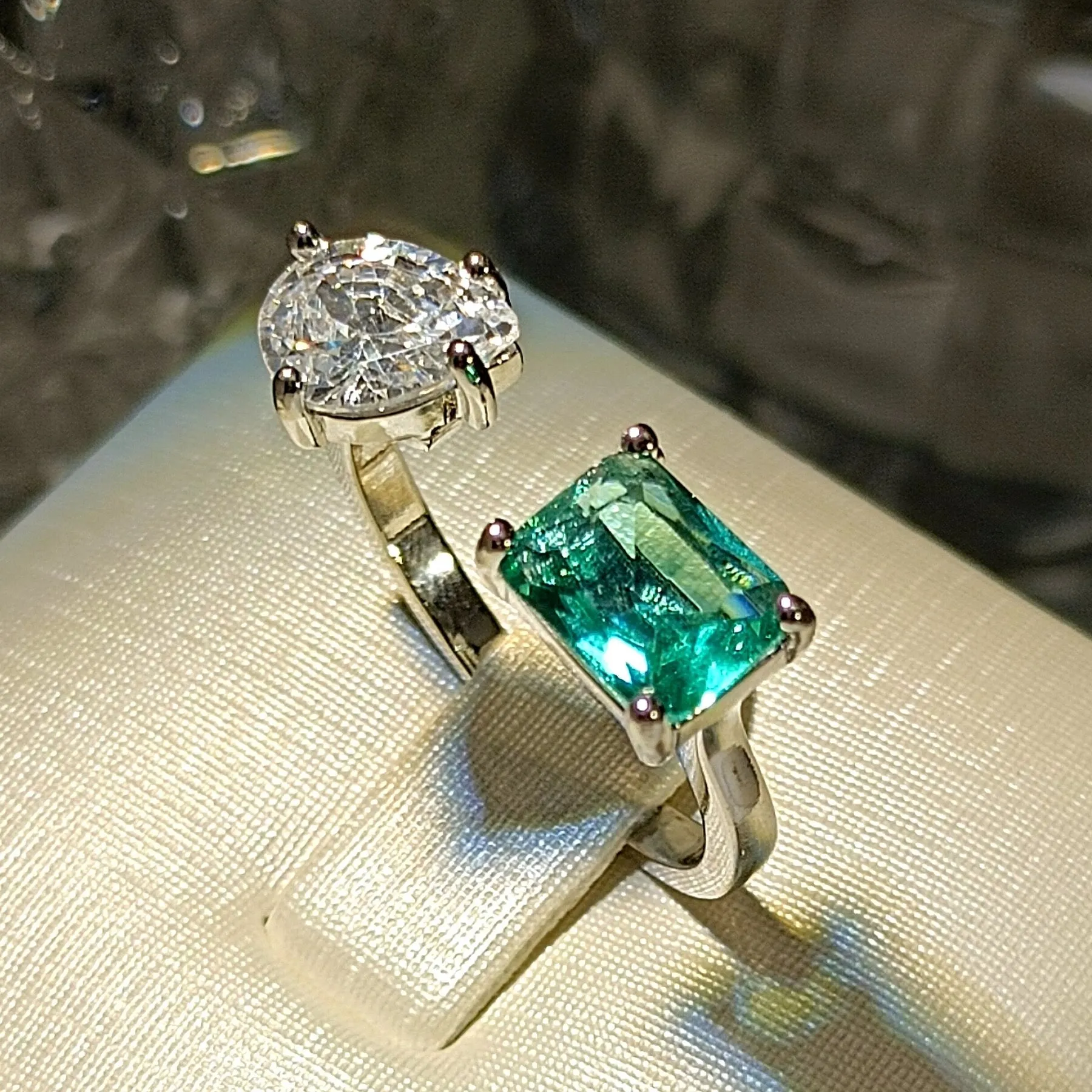 Modern Fashion Style Clear Pear and Blue Rectangle Stones Open Rings Two-tone Jewelry