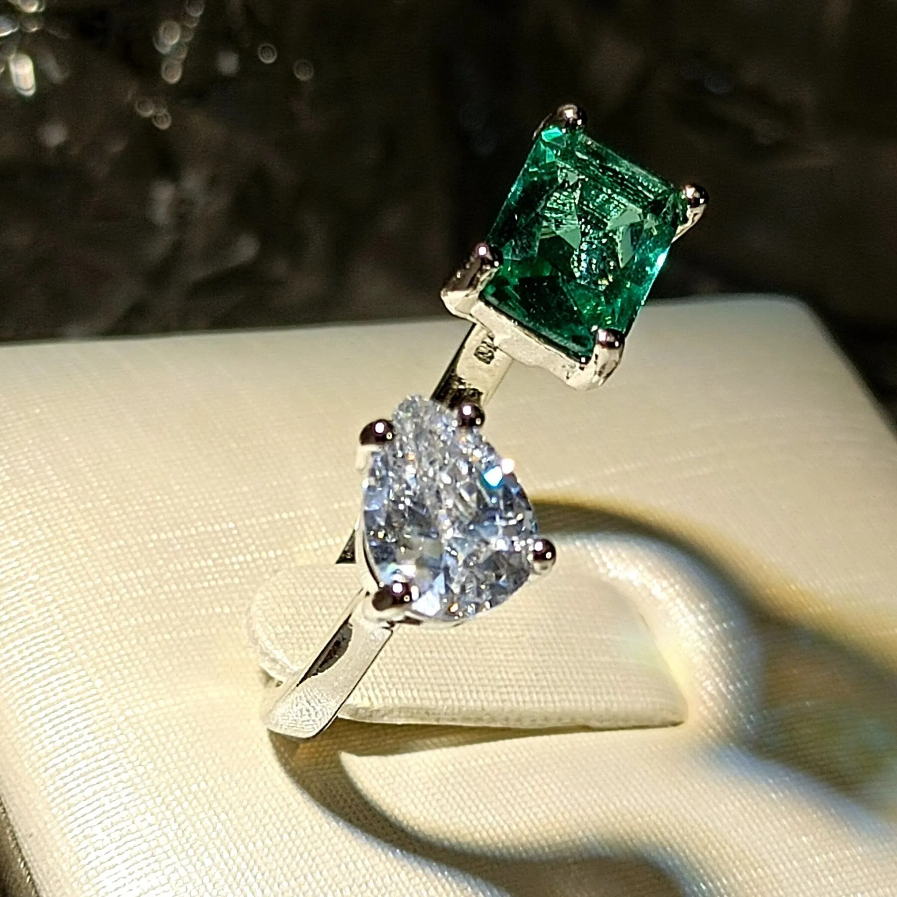 Modern Fashion Style Clear Pear and Blue Rectangle Stones Open Rings Two-tone Jewelry