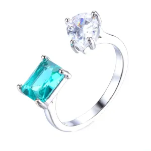 Modern Fashion Style Clear Pear and Blue Rectangle Stones Open Rings Two-tone Jewelry