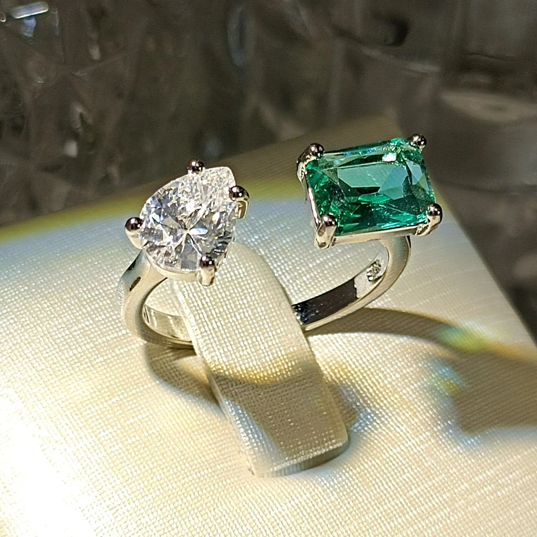Modern Fashion Style Clear Pear and Blue Rectangle Stones Open Rings Two-tone Jewelry