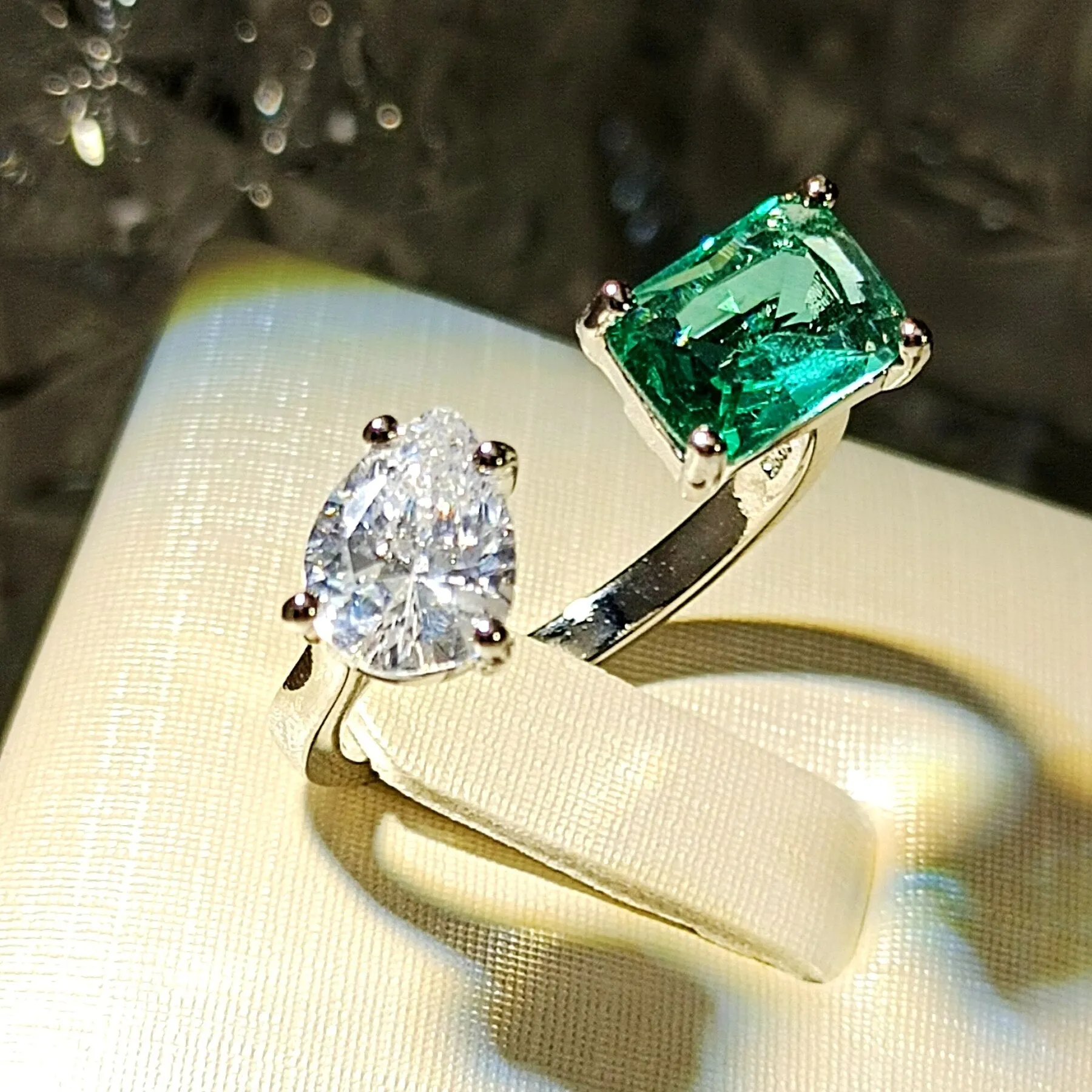 Modern Fashion Style Clear Pear and Blue Rectangle Stones Open Rings Two-tone Jewelry