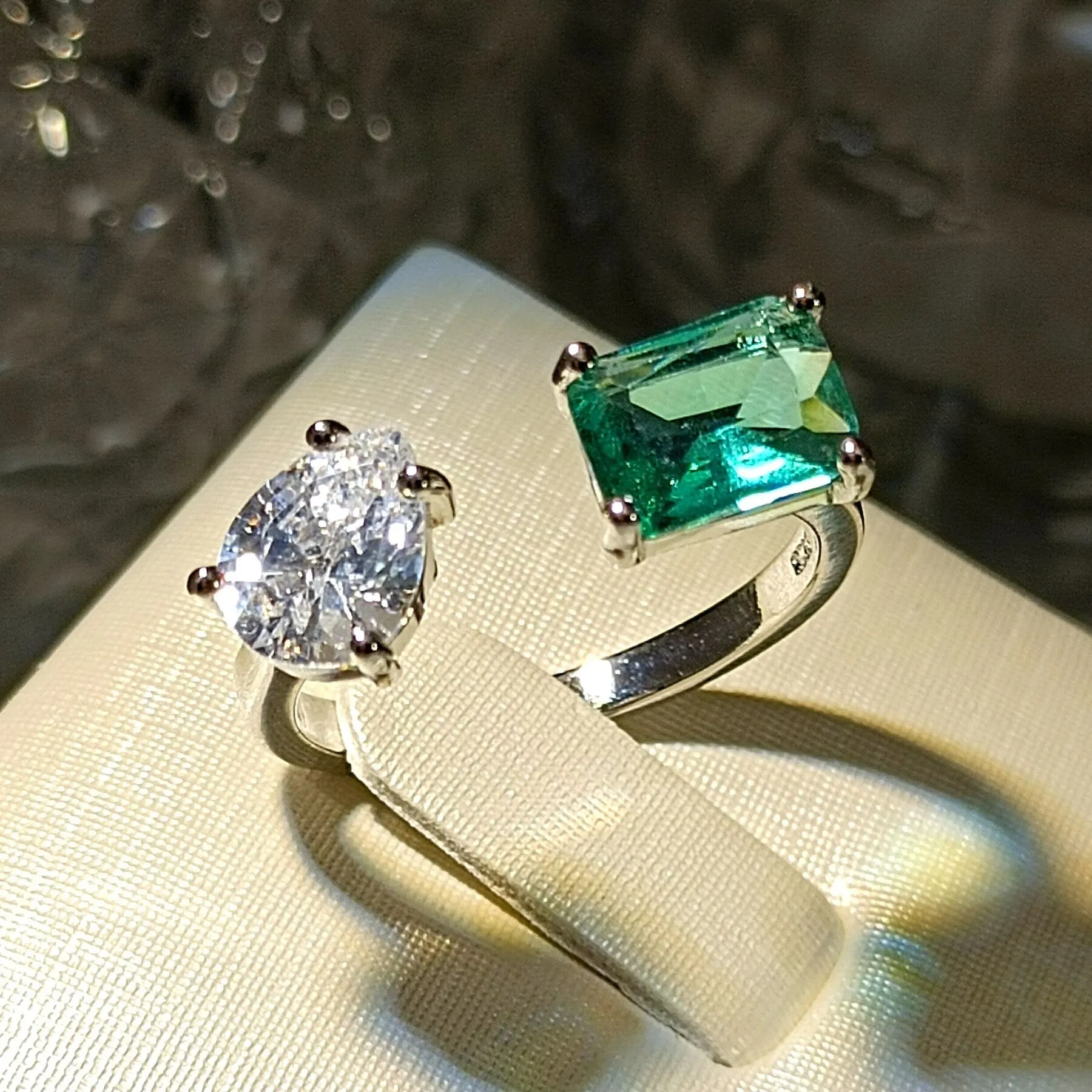 Modern Fashion Style Clear Pear and Blue Rectangle Stones Open Rings Two-tone Jewelry