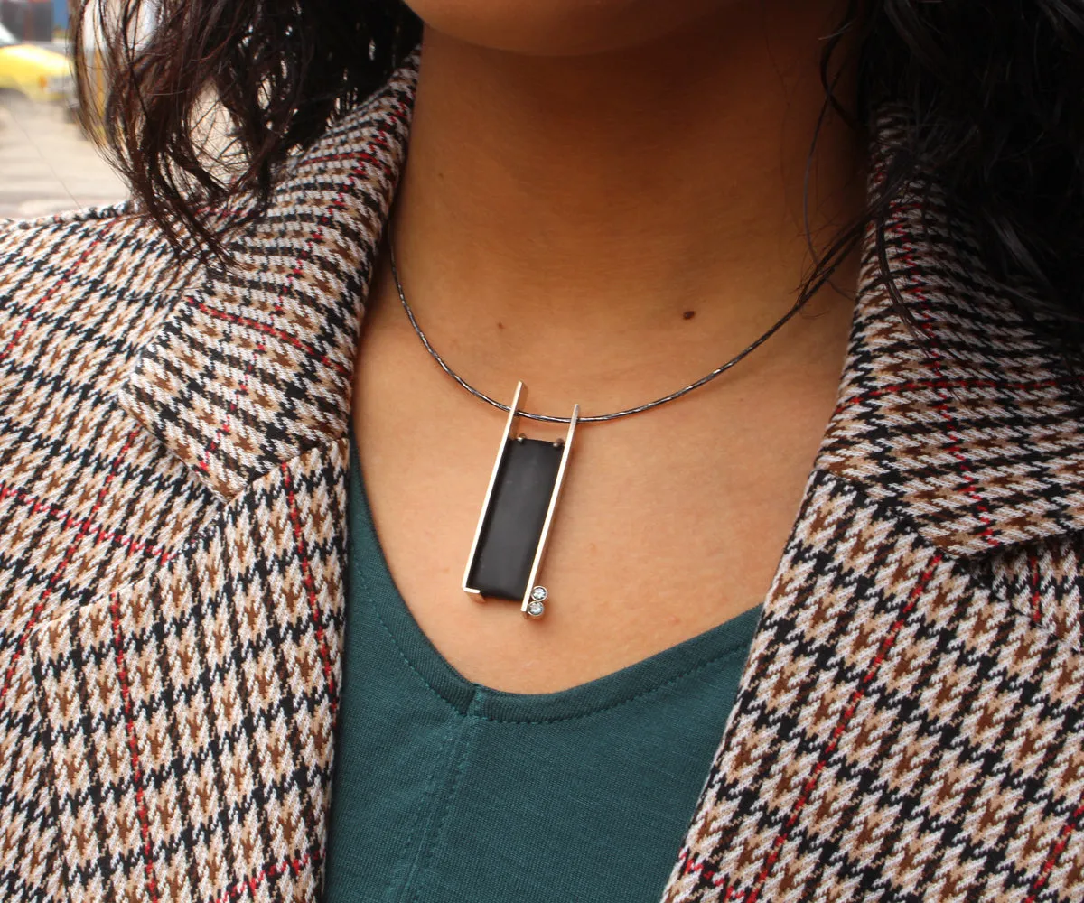 Modern Rectangular Bar Volcanic Obsidian Necklace