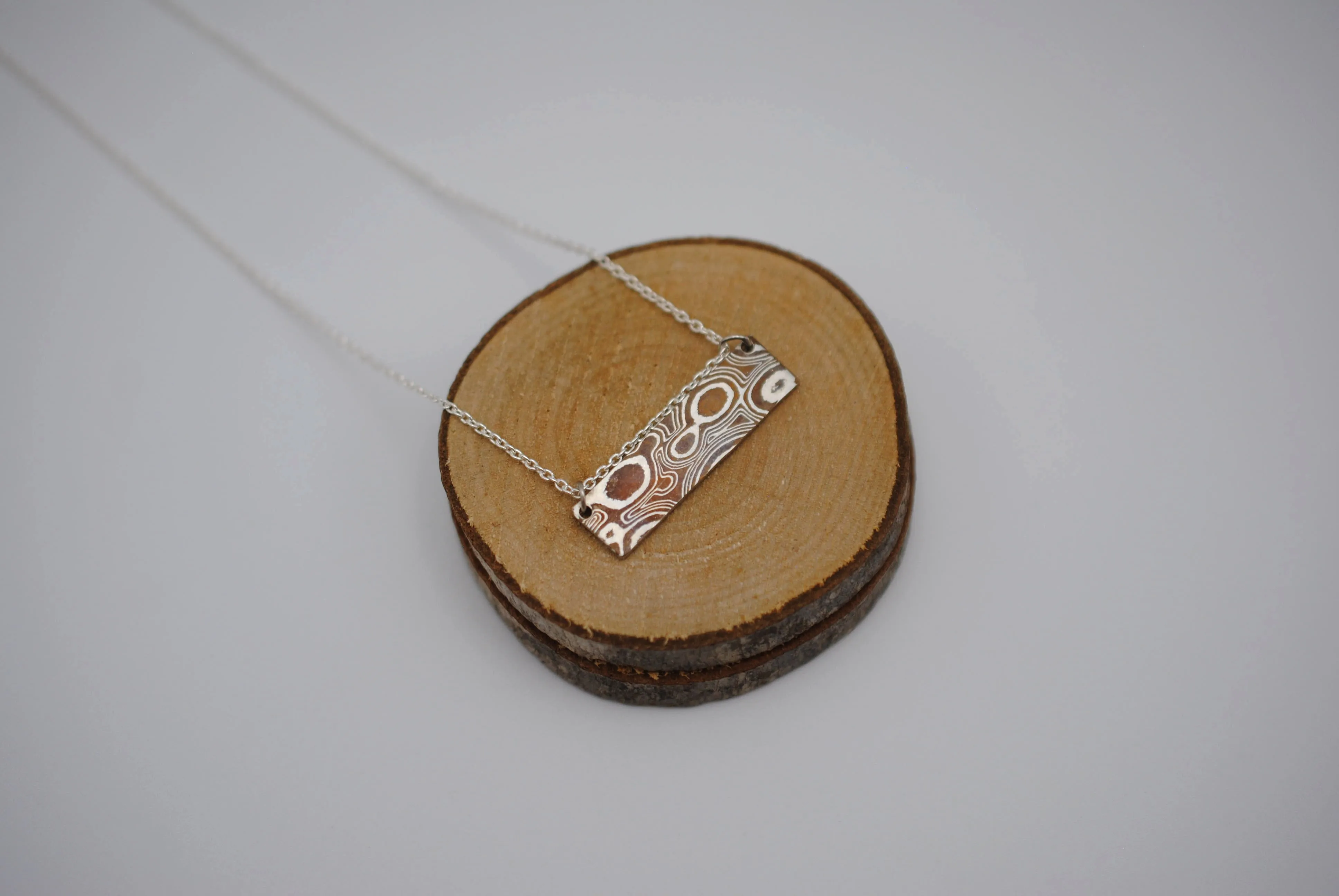 Mokume Gane Bar Necklace: Silver and Copper, Cable Chain