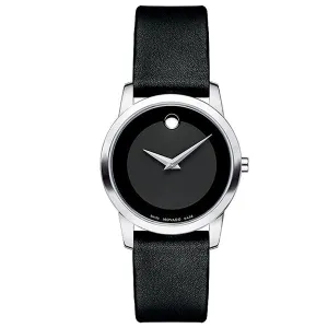 Movado Museum Black Leather Black Dial Quartz Watch for Ladies - 606503