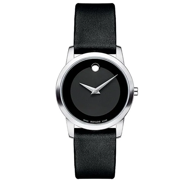 Movado Museum Black Leather Black Dial Quartz Watch for Ladies - 606503
