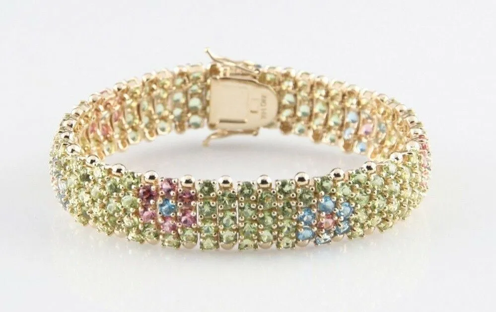 Multi-Gemstone Flowers 14k Yellow Gold Link Bracelet MQ 14K