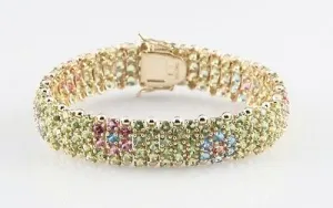 Multi-Gemstone Flowers 14k Yellow Gold Link Bracelet MQ 14K