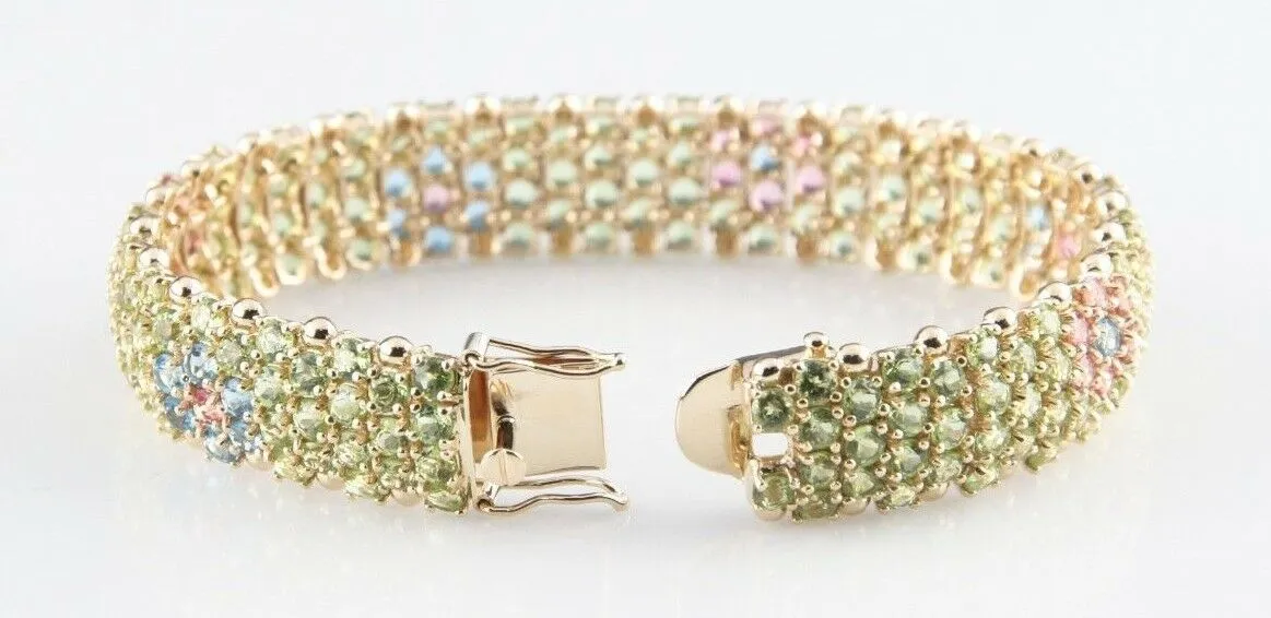 Multi-Gemstone Flowers 14k Yellow Gold Link Bracelet MQ 14K