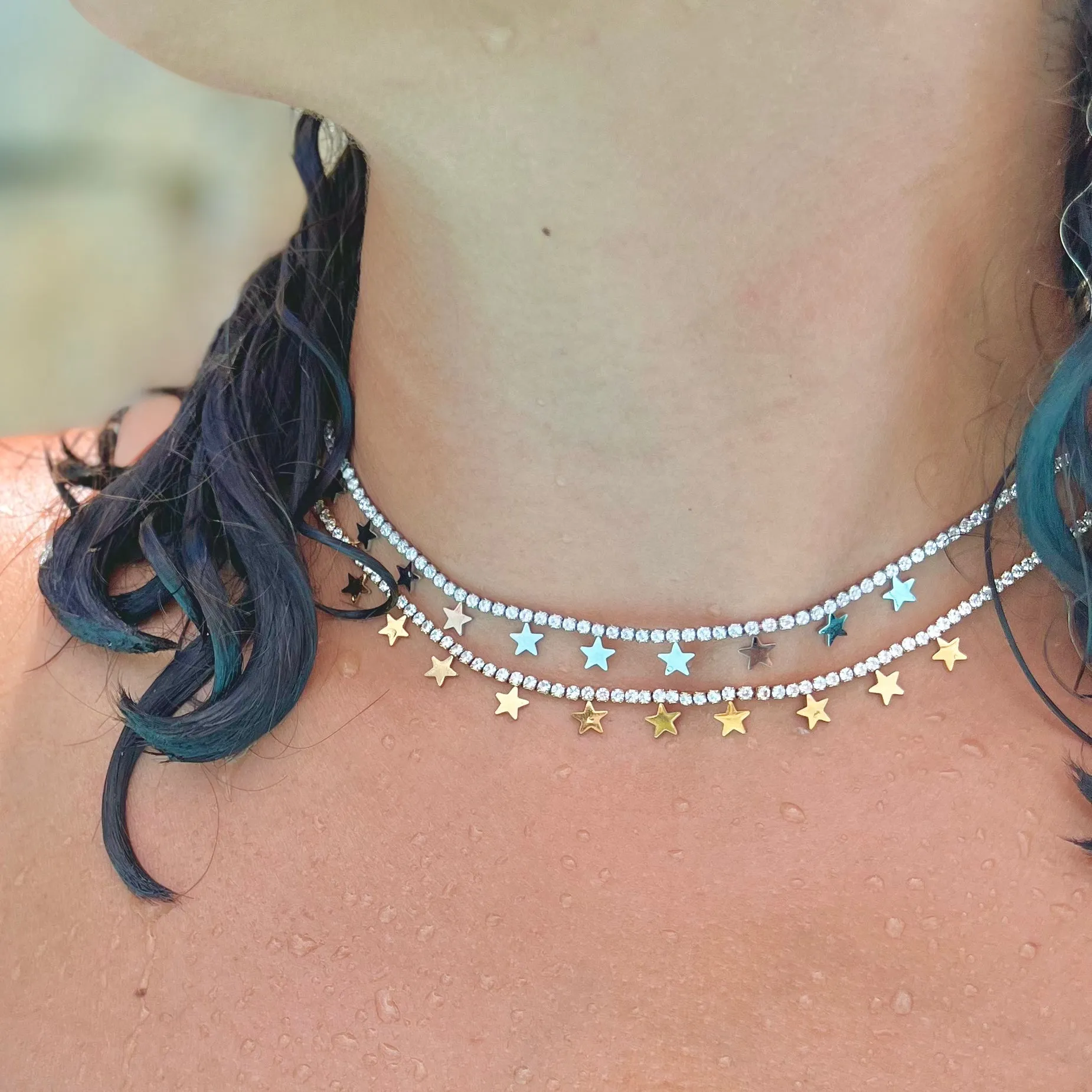 Multi Star With Crystal Silver Necklace
