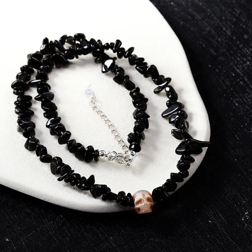 Natural Obsidia Stone Pearl Skull Necklace